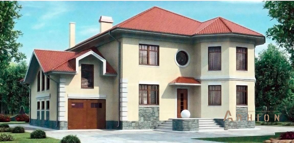 1. Проект двухэтажного дома в современном стиле с многоскатной кровлей, 51-87, площадью - 293 кв c сауной, гаражом, эркером