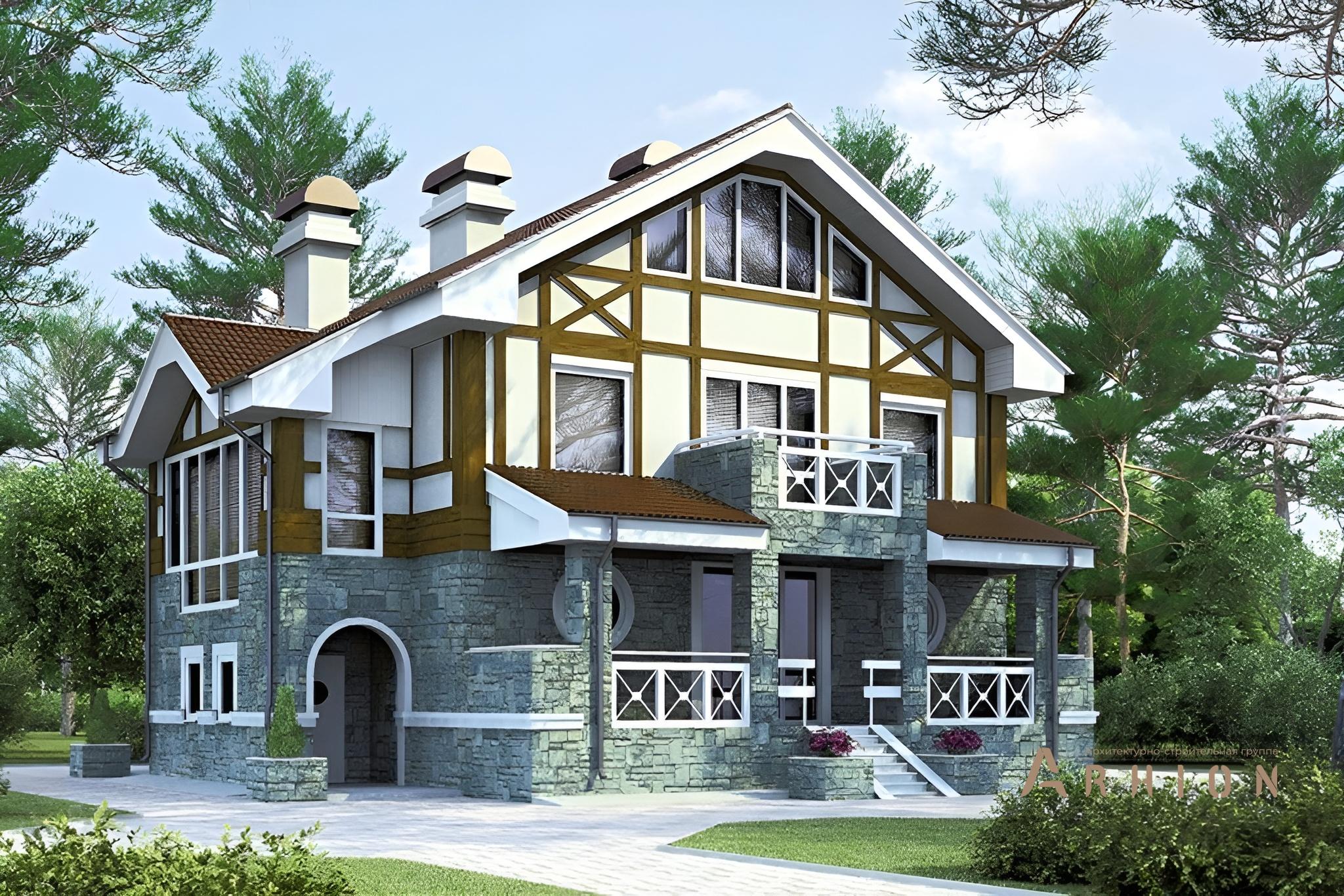 1. Проект двухэтажного дома в немецком стиле с многоскатной кровлей, 51-95, площадью - 250 кв c мансардой, терассой, балконом, эркером