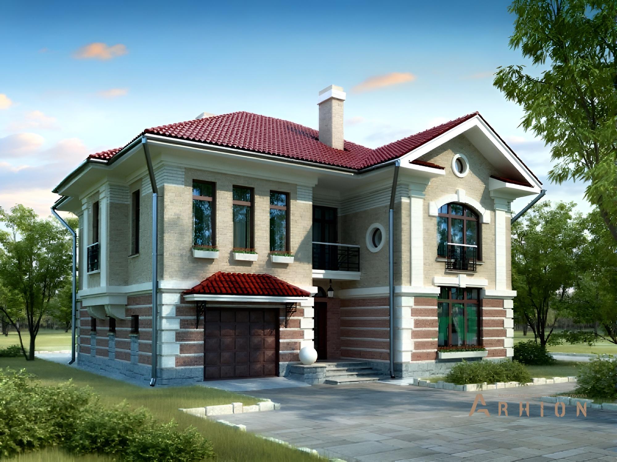 1. Проект двухэтажного дома в английском стиле с многоскатной кровлей, 51-97, площадью - 211 кв c балконом, гаражом, эркером