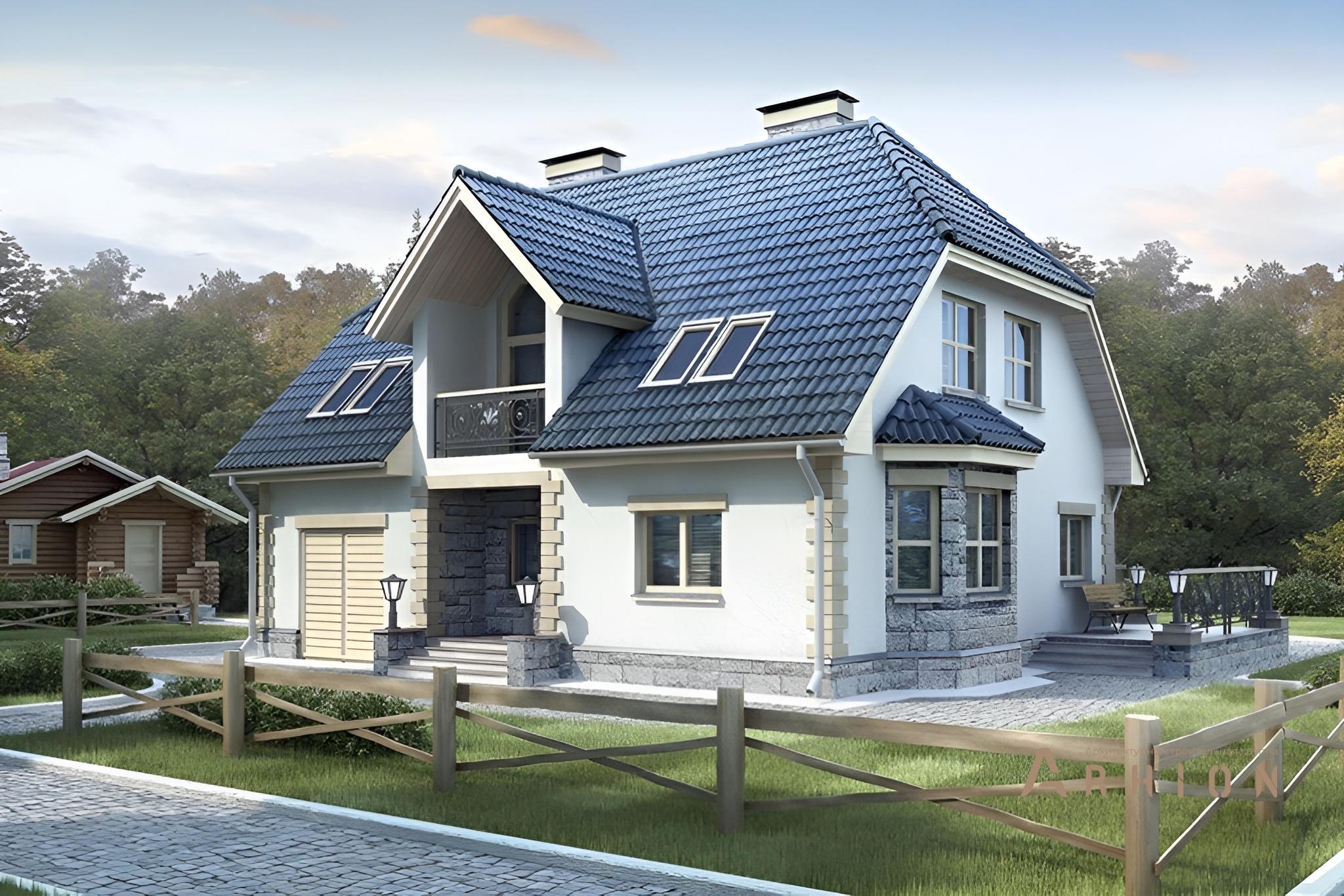 1. Проект одноэтажного дома в европейском стиле с двускатной кровлей, 52-05, площадью - 221 кв c мансардой, терассой, балконом, гаражом, эркером, вторым светом