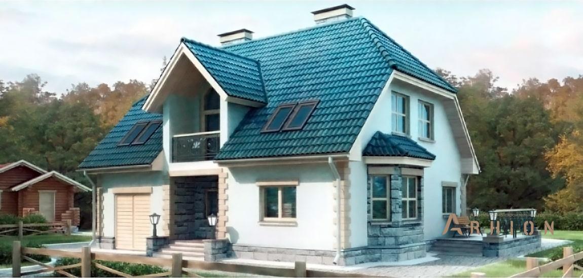 1. Проект одноэтажного дома в европейском стиле с двускатной кровлей, 52-05, площадью - 221 кв c мансардой, терассой, балконом, гаражом, эркером, вторым светом