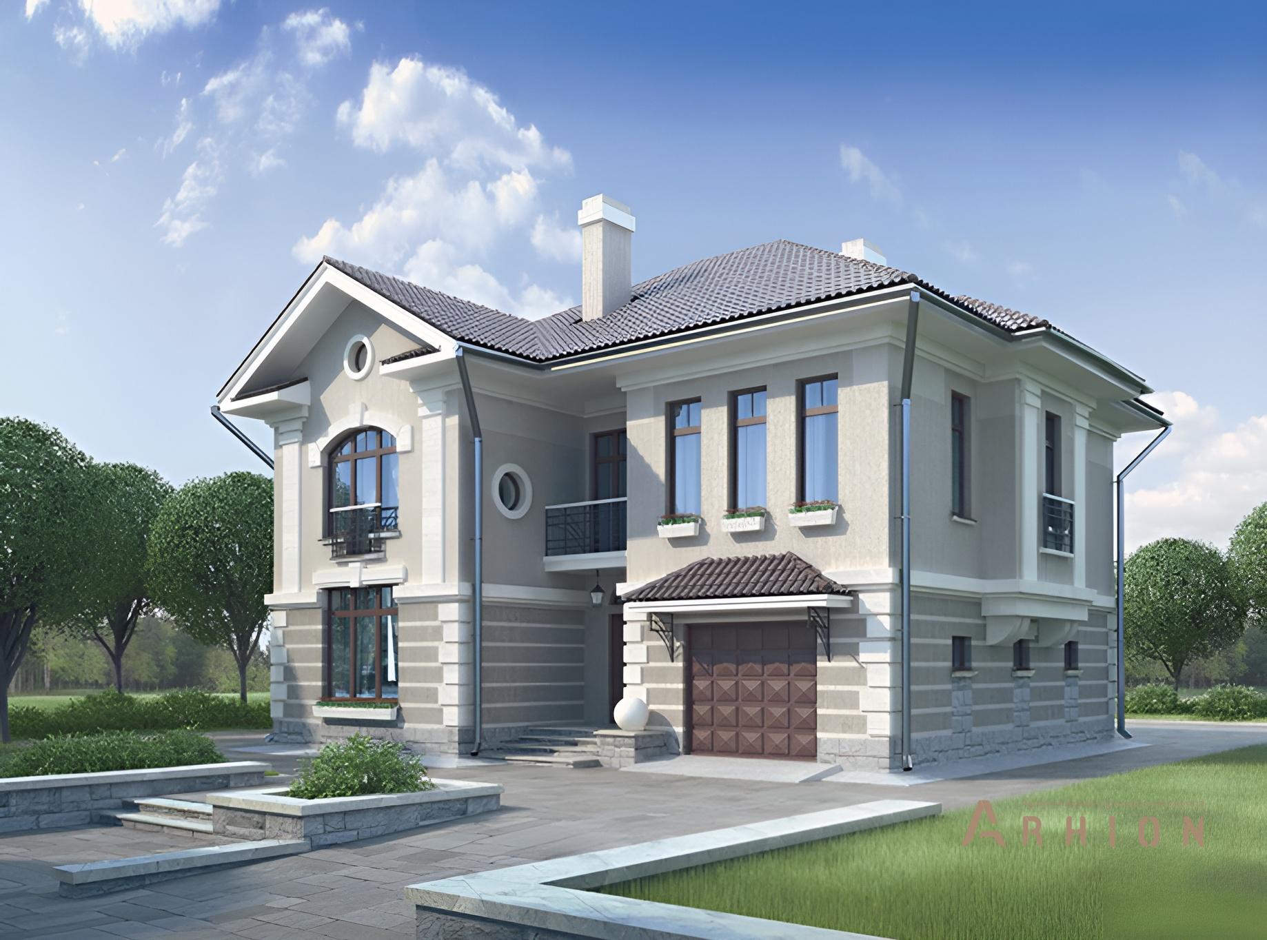 2. Проект двухэтажного дома в английском стиле с многоскатной кровлей, 52-12, площадью - 211 кв c балконом, гаражом, эркером