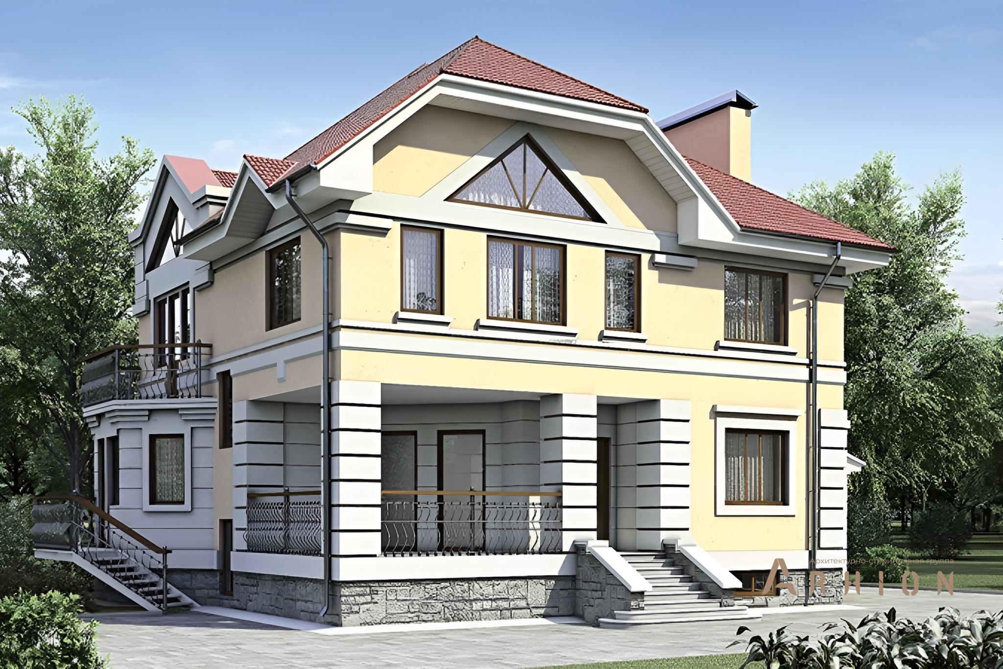 1. Проект двухэтажного дома в современном стиле с многоскатной кровлей, 52-19, площадью - 282 кв c мансардой, терассой, балконом, гаражом, эркером