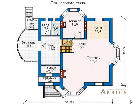 2. Проект двухэтажного дома в европейском стиле с двускатной кровлей, 52-60, площадью - 319 кв c мансардой, сауной, балконом, гаражом