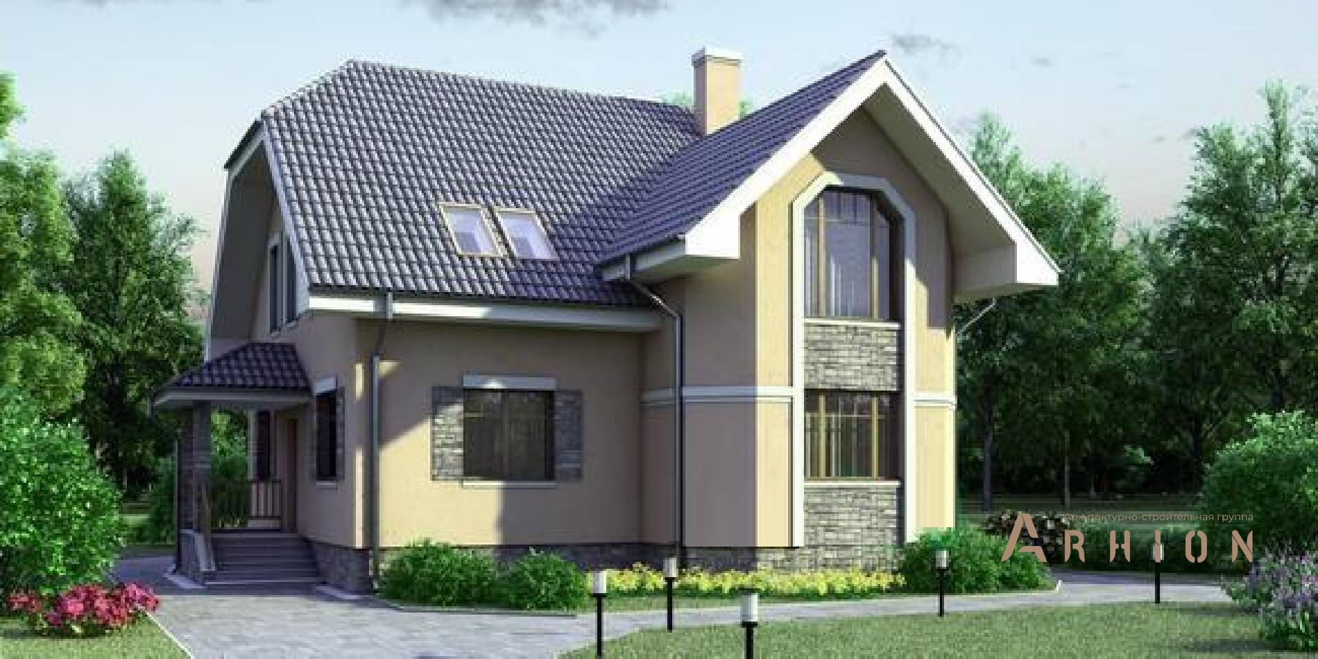 1. Проект одноэтажного дома в европейском стиле с двускатной кровлей, 52-68, площадью - 163 кв c мансардой, эркером