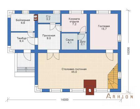 2. Проект одноэтажного дома в финском стиле с двускатной кровлей, 52-74, площадью - 143 кв c мансардой, сауной, вторым светом