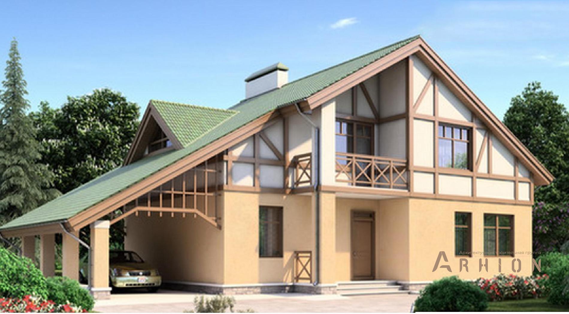 1. Проект одноэтажного дома в немецком стиле с двускатной кровлей, 53-04, площадью - 184 кв c мансардой, терассой, балконом, вторым светом