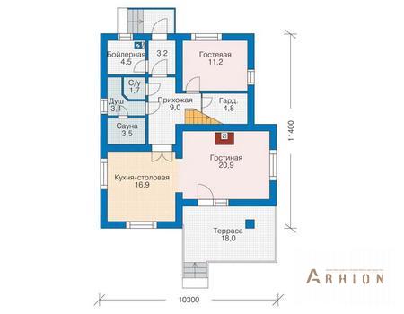 2. Проект одноэтажного дома в финском стиле с двускатной кровлей, 53-12, площадью - 147 кв c мансардой, терассой, балконом