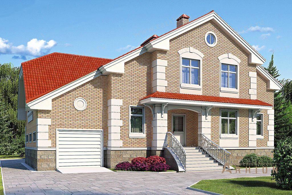 1. Проект одноэтажного дома в европейском стиле с двускатной кровлей, 53-13, площадью - 267 кв c мансардой, сауной, терассой, гаражом