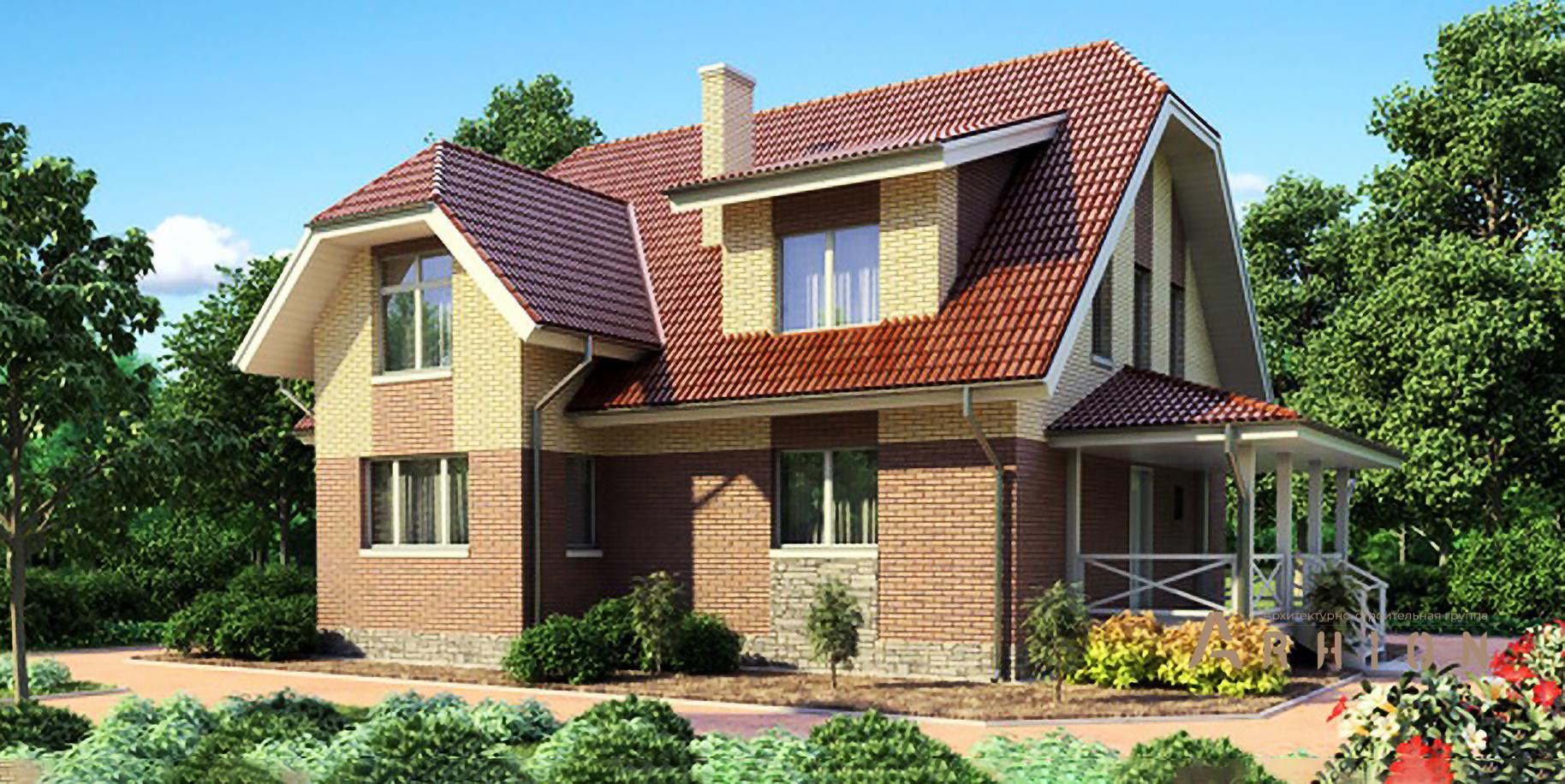 1. Проект одноэтажного дома в европейском стиле с двускатной кровлей, 53-16, площадью - 154 кв c мансардой, терассой, эркером