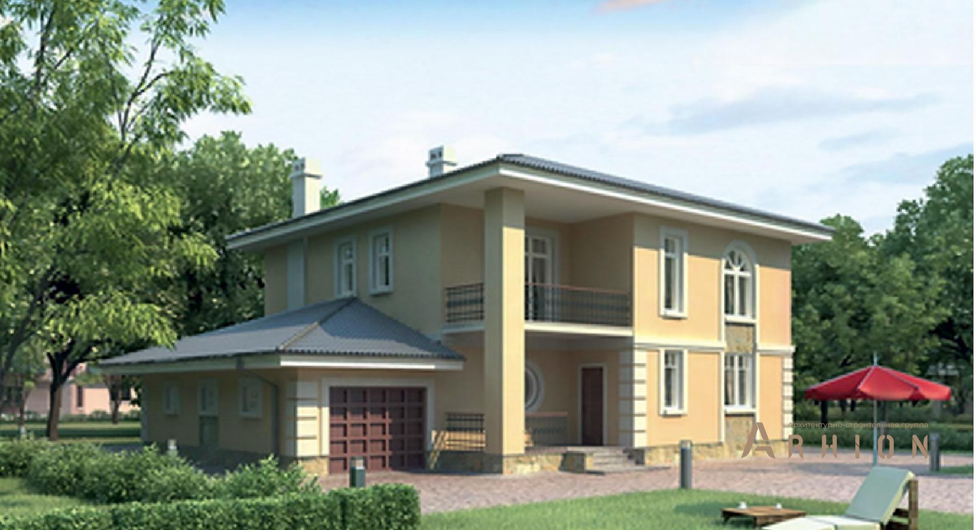 1. Проект двухэтажного дома в современном стиле с четырехскатной, 53-25, площадью - 209 кв c балконом, гаражом