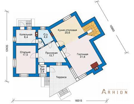 2. Проект двухэтажного дома в современном стиле с плоской кровлей , 53-54, площадью - 176 кв c терассой