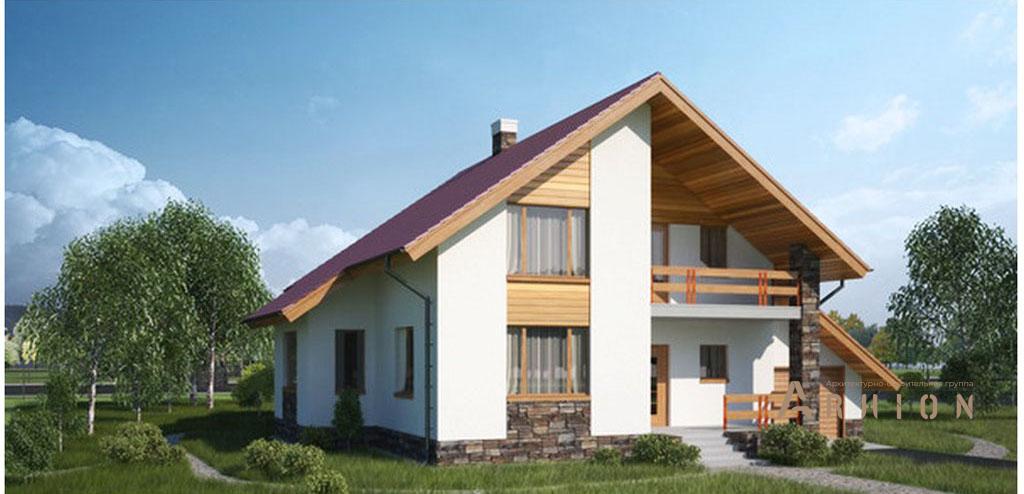 1. Проект одноэтажного дома в финском стиле с двускатной кровлей, 53-56, площадью - 196 кв c мансардой, терассой, балконом, гаражом