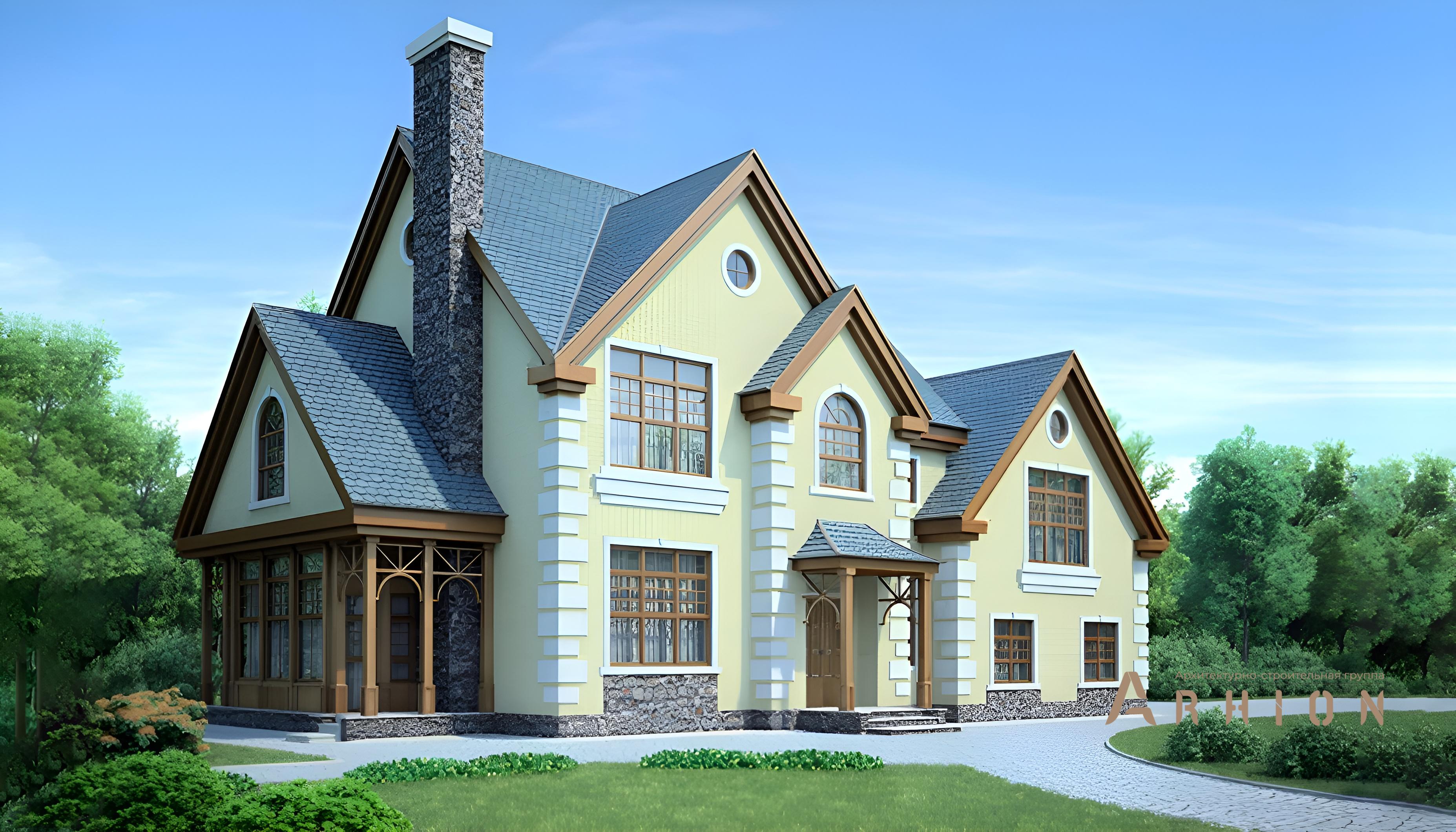 1. Проект двухэтажного дома в английском стиле с многоскатной кровлей, 53-69, площадью - 231 кв c гаражом