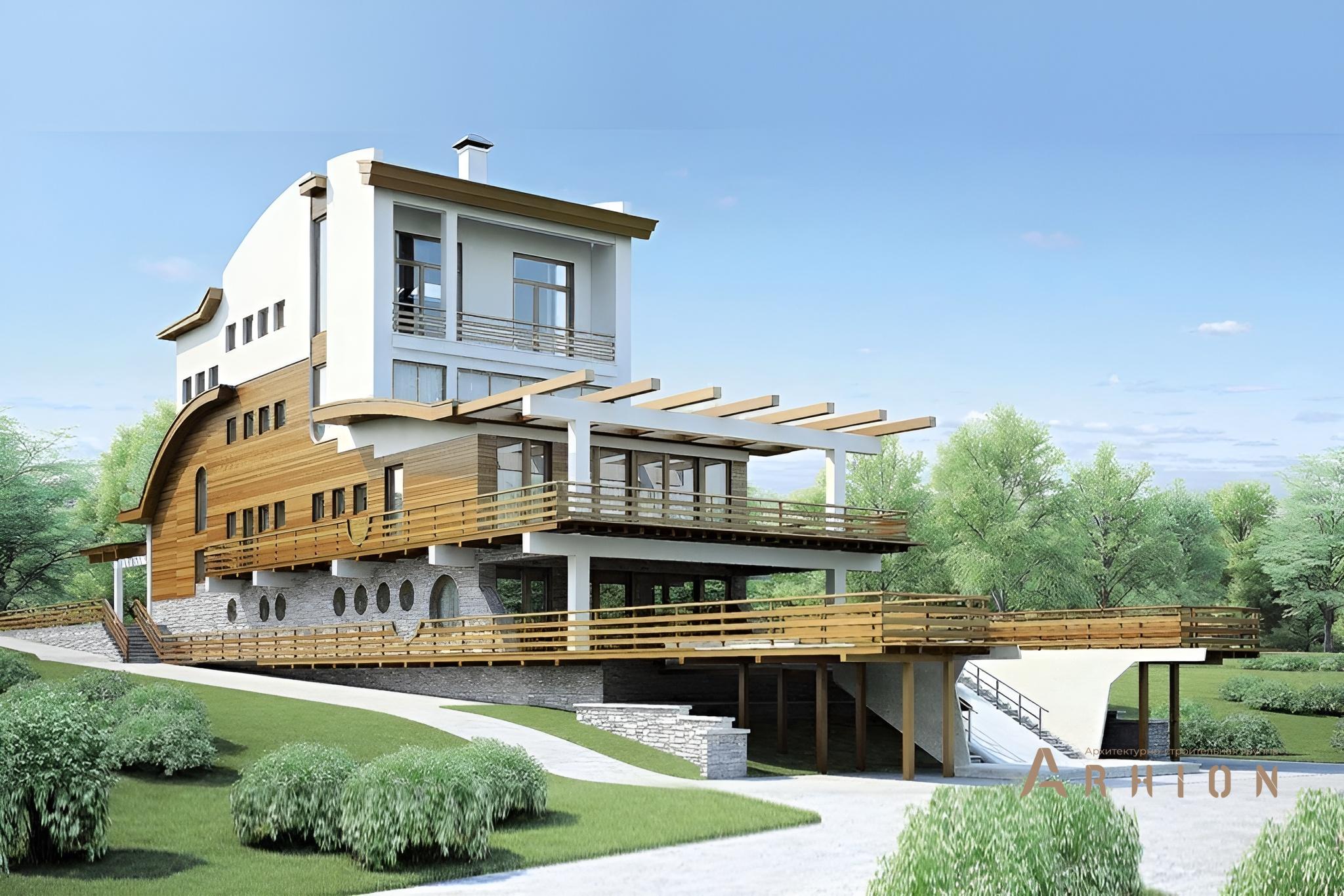 1. Проект трехэтажного дома в стиле лофт с односкатной кровлей, 53-72, площадью - 534 кв c цокольным этажом, мансардой, сауной, терассой, балконом, гаражом, бассейном, эркером, вторым светом