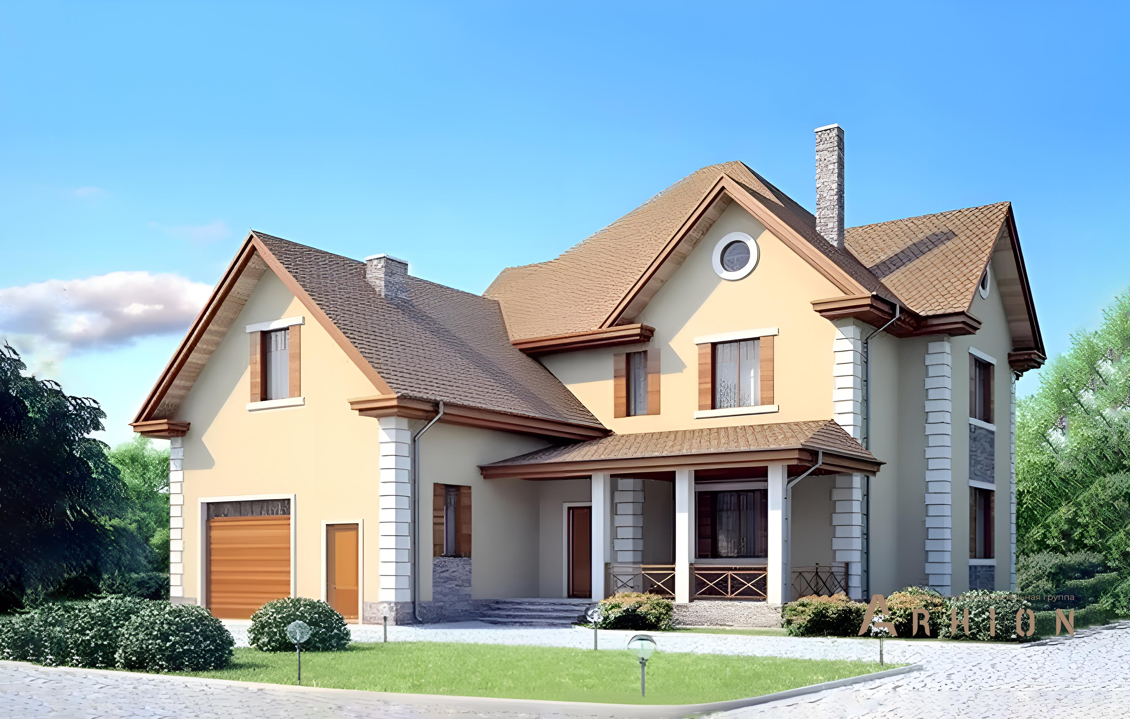 1. Проект двухэтажного дома в английском стиле с многоскатной кровлей, 53-76, площадью - 222 кв c терассой, гаражом