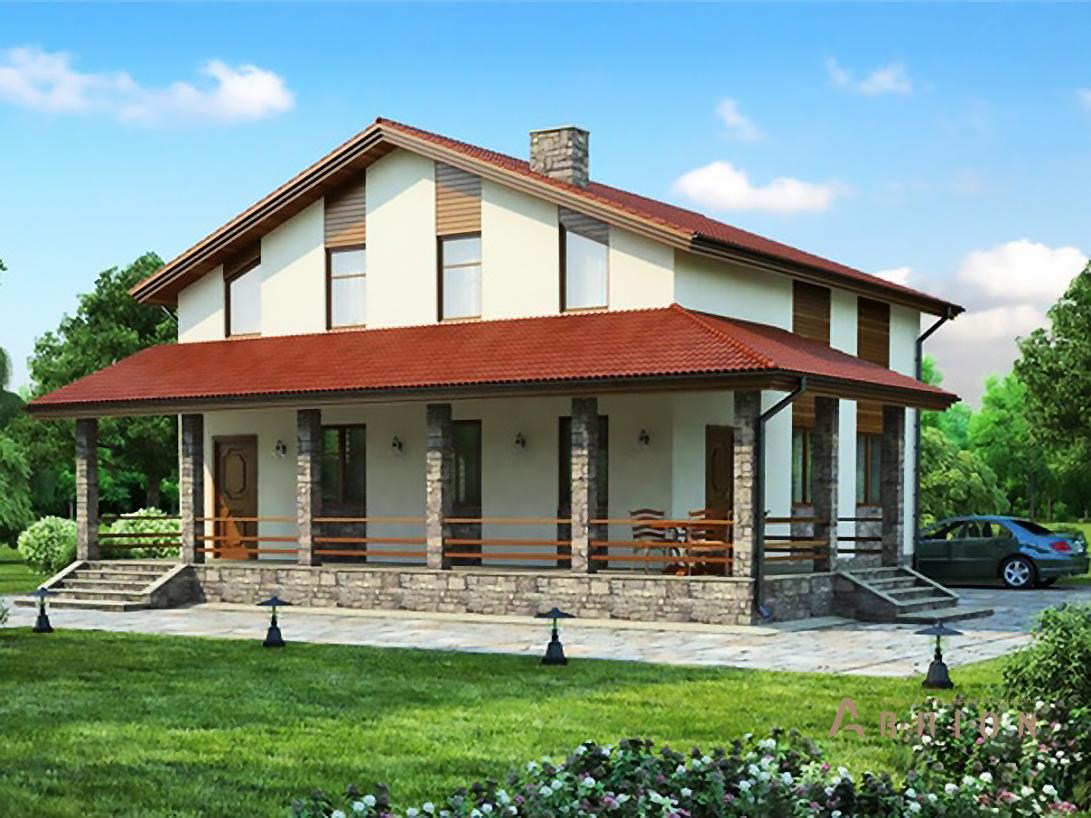 2. Проект одноэтажного дома в стиле шале с двускатной кровлей, 54-01, площадью - 162 кв c мансардой, терассой