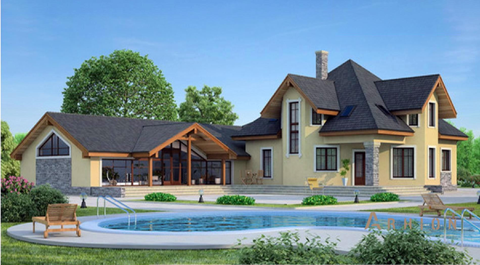 1. Проект одноэтажного дома в европейском стиле с многоскатной кровлей, 54-02, площадью - 416 кв c мансардой, терассой, гаражом, бассейном, эркером