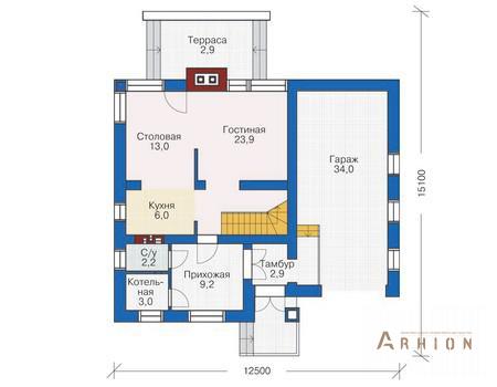 2. Проект одноэтажного дома в европейском стиле с плоской кровлей , 54-07, площадью - 197 кв c мансардой, терассой, гаражом