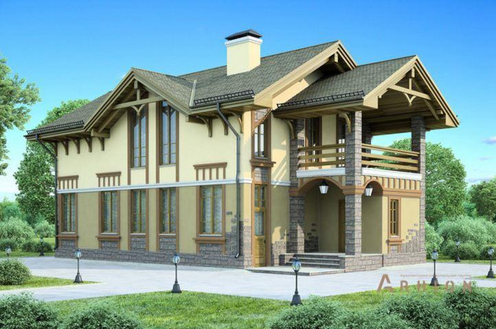 2. Проект двухэтажного дома в европейском стиле с многоскатной кровлей, 54-21, площадью - 154 кв c балконом