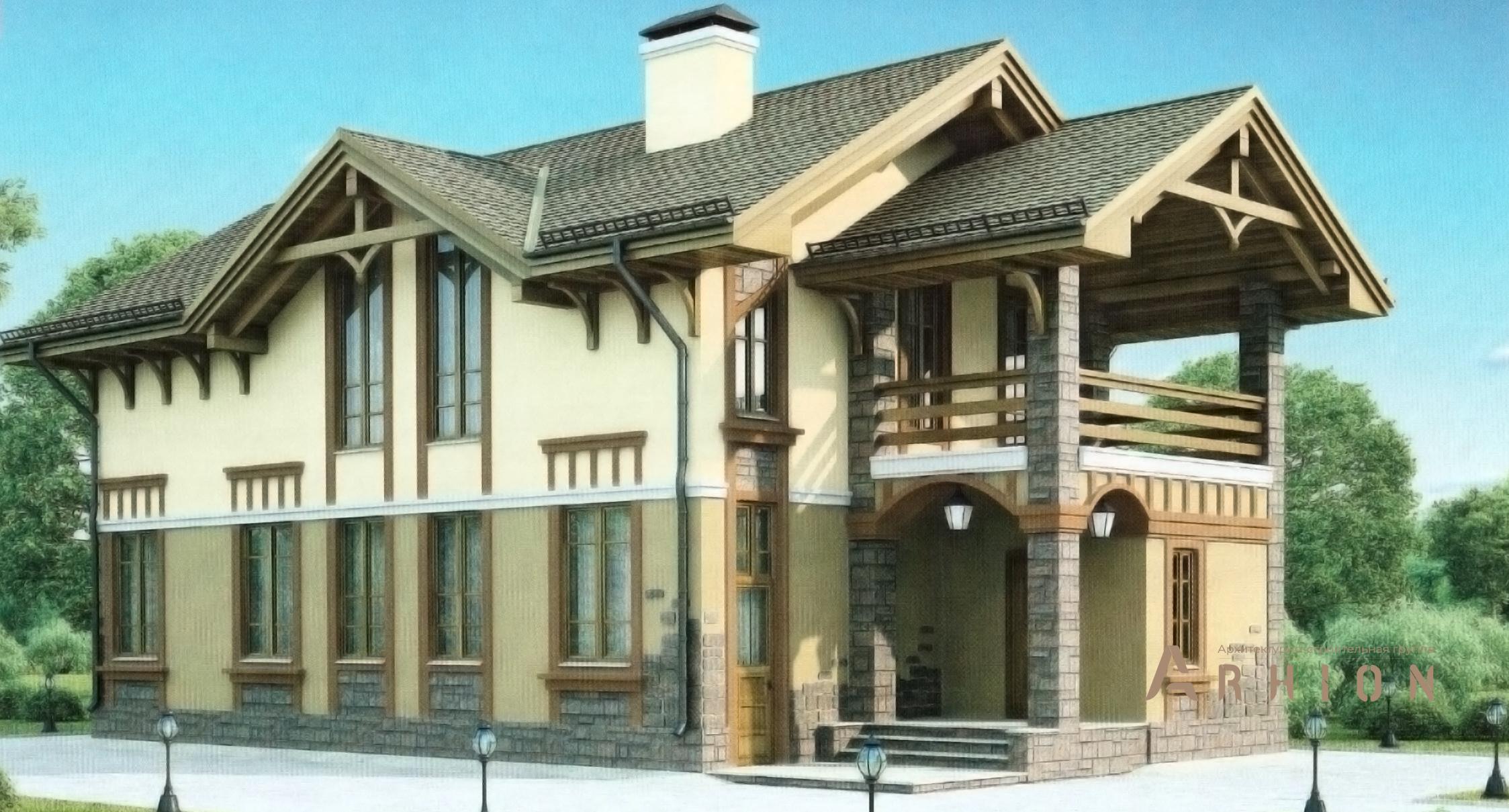 1. Проект двухэтажного дома в европейском стиле с многоскатной кровлей, 54-21, площадью - 154 кв c балконом