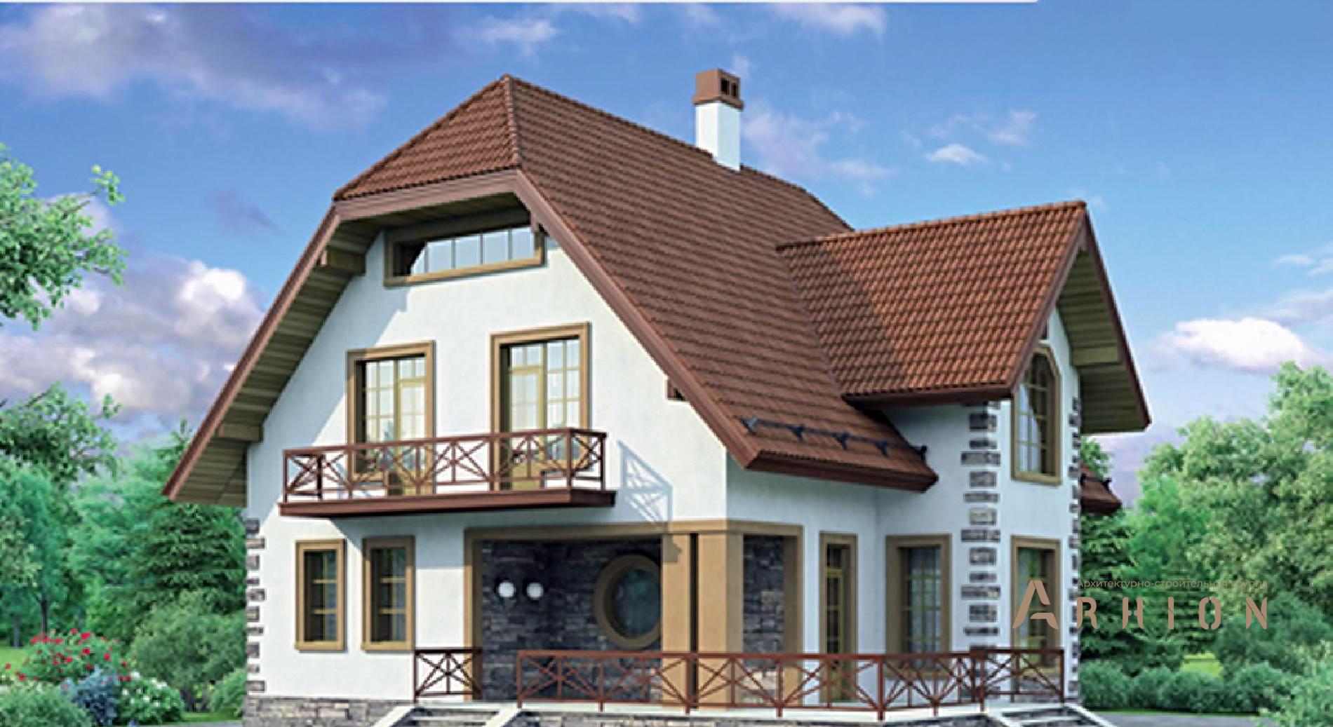 1. Проект одноэтажного дома в европейском стиле с двускатной кровлей, 54-24, площадью - 183 кв c мансардой, терассой, балконом