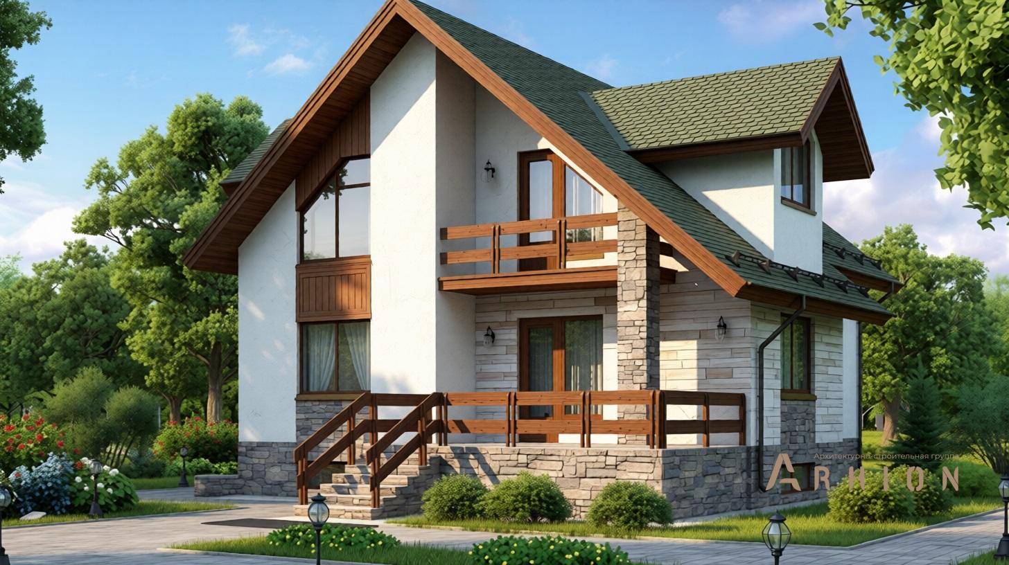 2. Проект одноэтажного дома в европейском стиле с двускатной кровлей, 54-34, площадью - 213 кв c цокольным этажом, мансардой, сауной, терассой, балконом