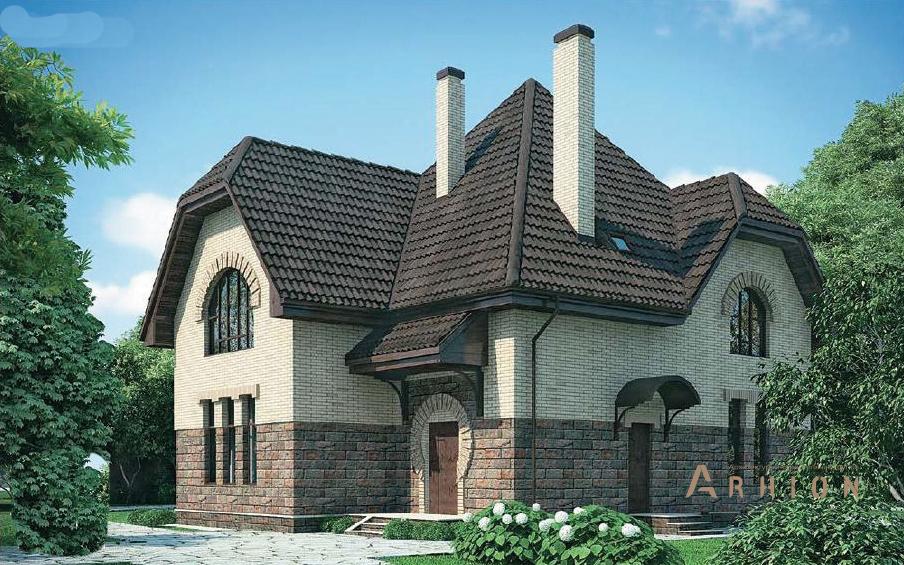 1. Проект одноэтажного дома в европейском стиле с многоскатной кровлей, 54-43, площадью - 180 кв c мансардой, терассой