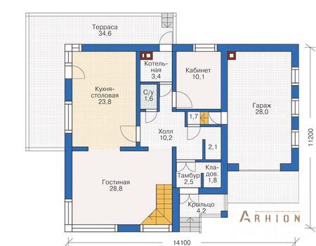 2. Проект двухэтажного дома в европейском стиле с плоской кровлей , 54-44, площадью - 248 кв c мансардой, терассой, балконом, гаражом