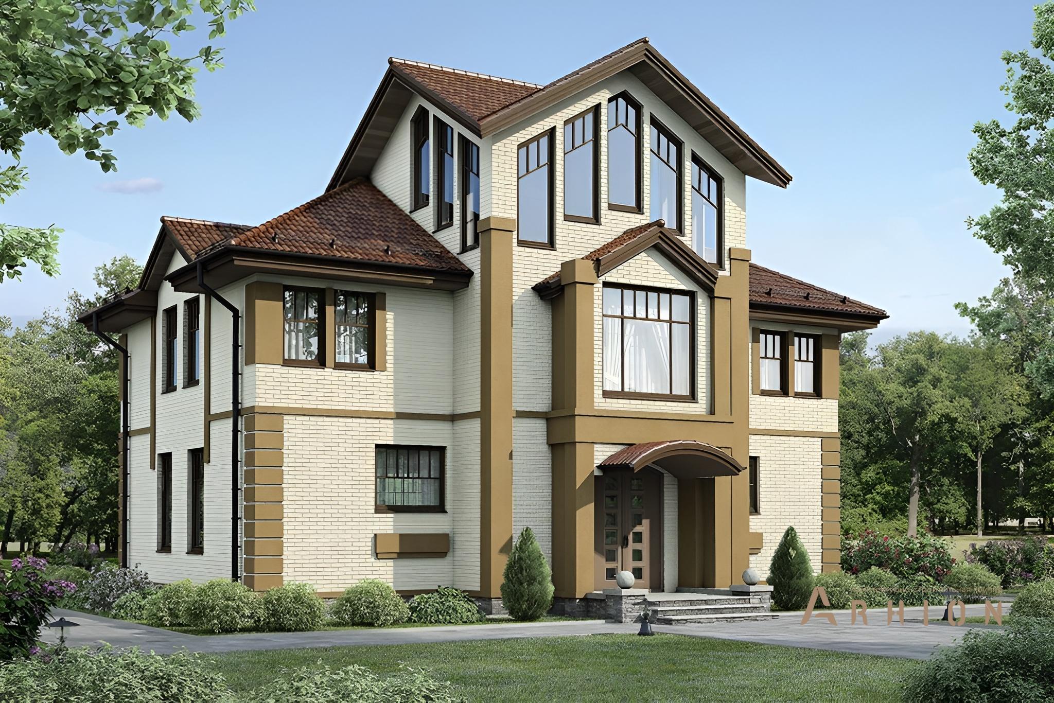 1. Проект двухэтажного дома в европейском стиле с многоскатной кровлей, 54-47, площадью - 234 кв c мансардой, сауной