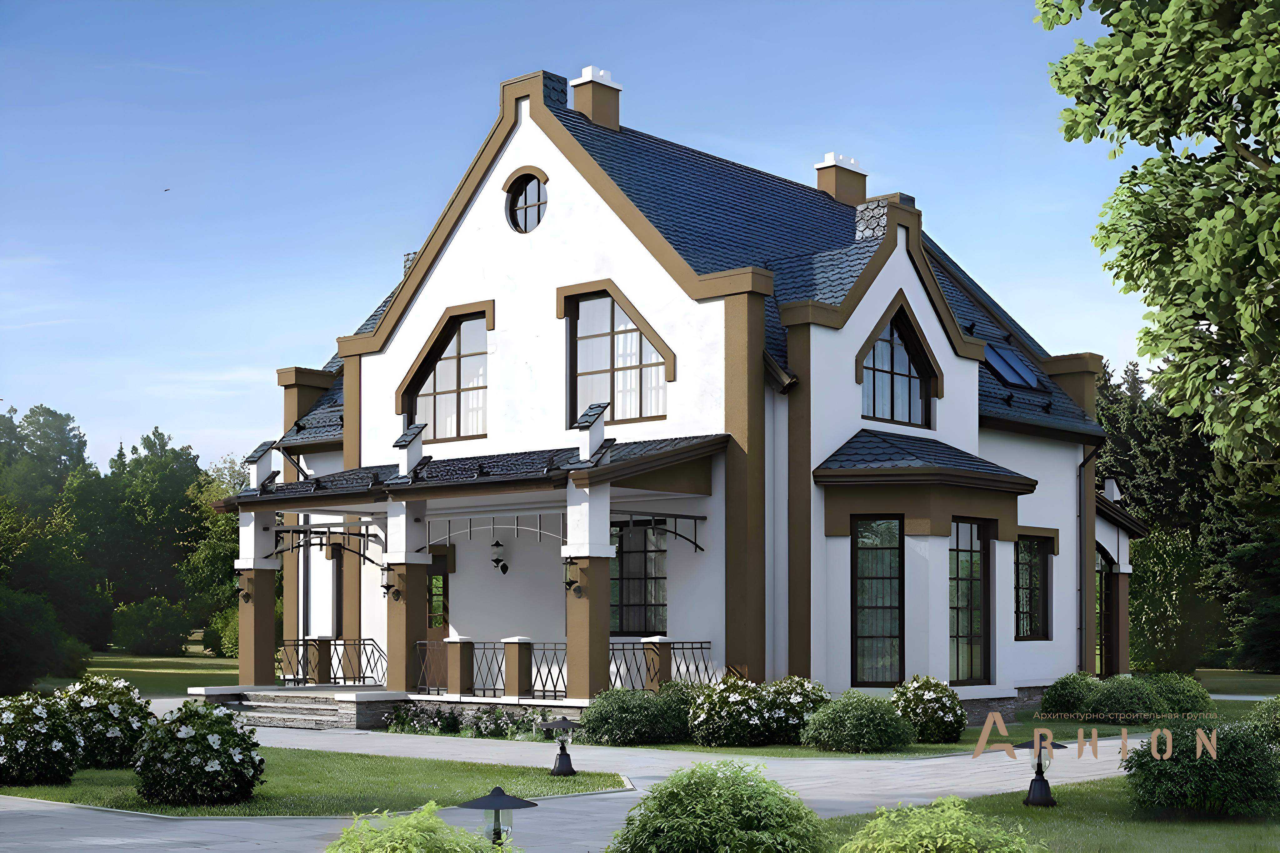 1. Проект одноэтажного дома в английском стиле с двускатной кровлей, 54-48, площадью - 205 кв c мансардой, терассой