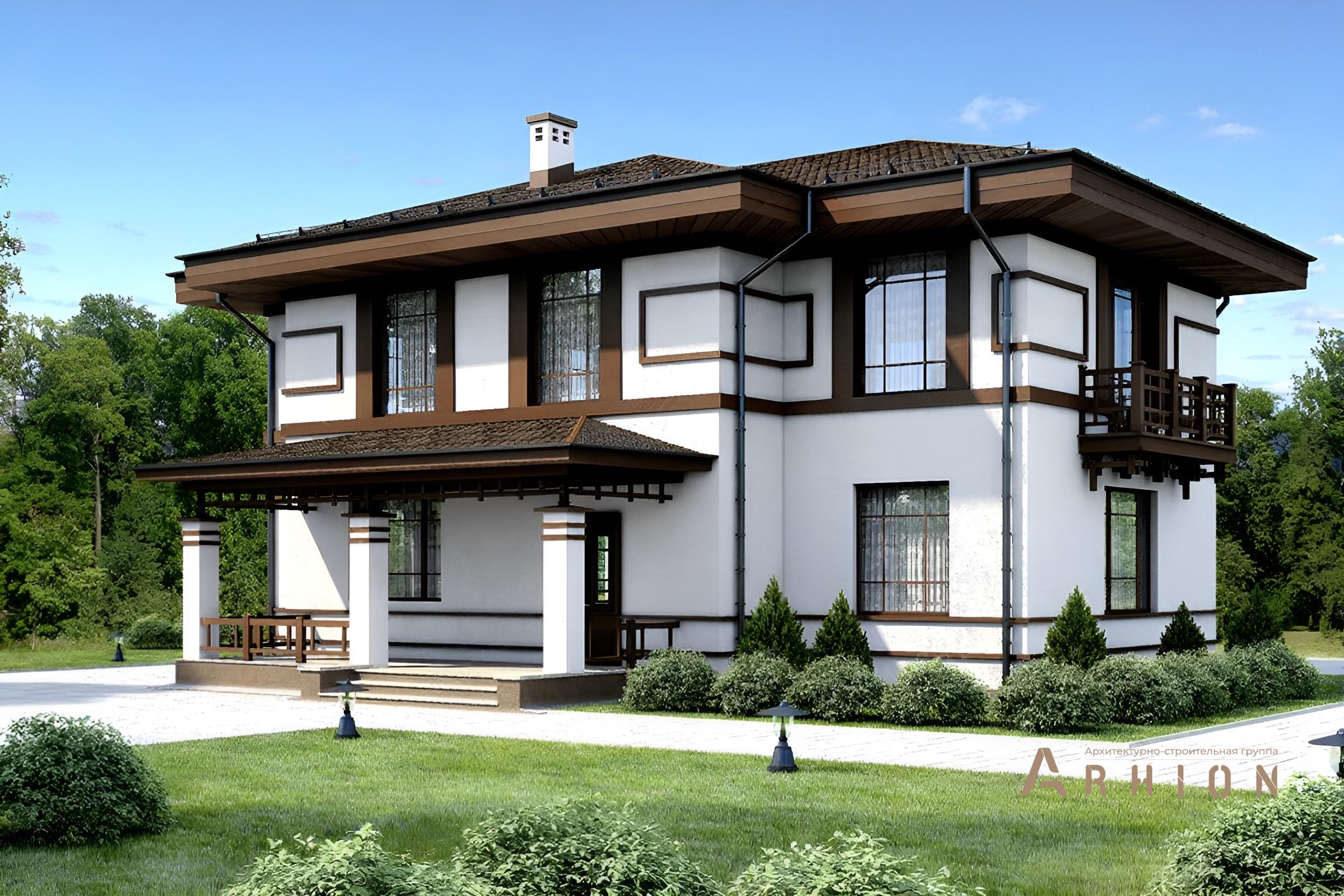 1. Проект двухэтажного дома в современном стиле с плоской кровлей , 54-49, площадью - 207 кв c терассой, балконом