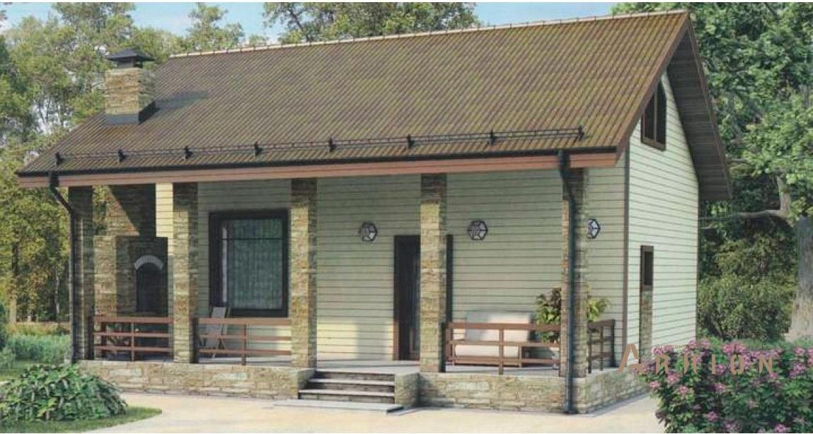 1. Проект одноэтажного дома в европейском стиле с двускатной кровлей, 54-56, площадью - 40 кв c терассой