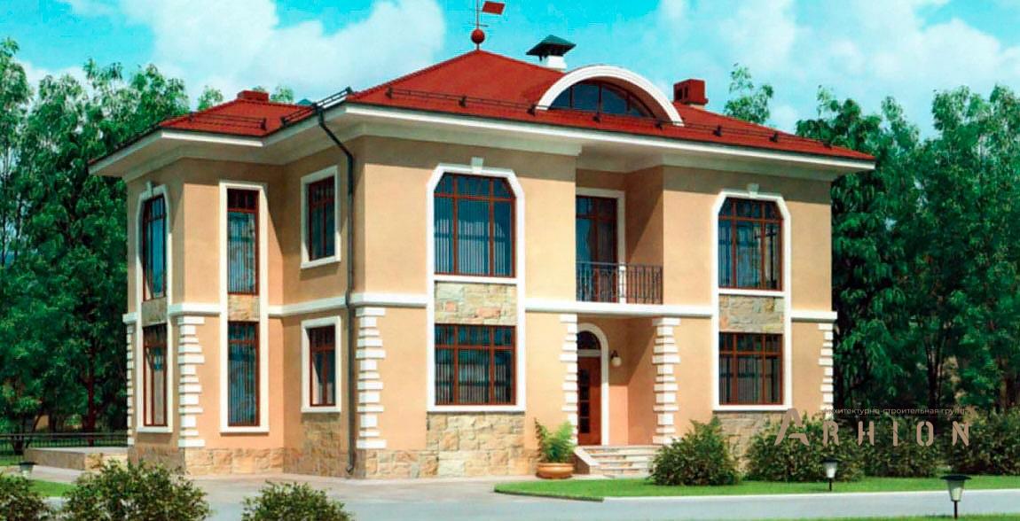 1. Проект двухэтажного дома в европейском стиле с четырехскатной, 54-58, площадью - 268 кв c терассой, балконом