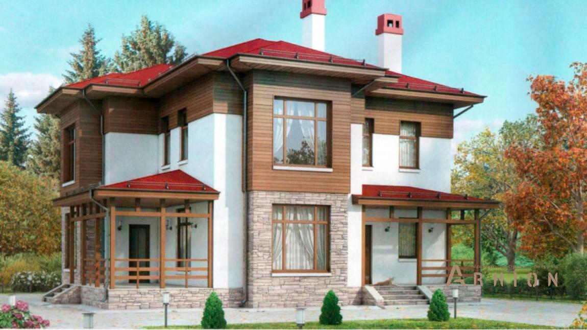 2. Проект двухэтажного дома в современном стиле с четырехскатной, 54-59, площадью - 173 кв c терассой