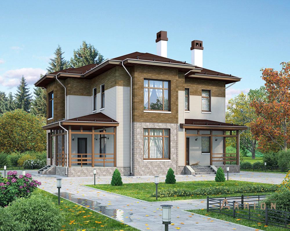 1. Проект двухэтажного дома в современном стиле с четырехскатной, 54-59, площадью - 173 кв c терассой