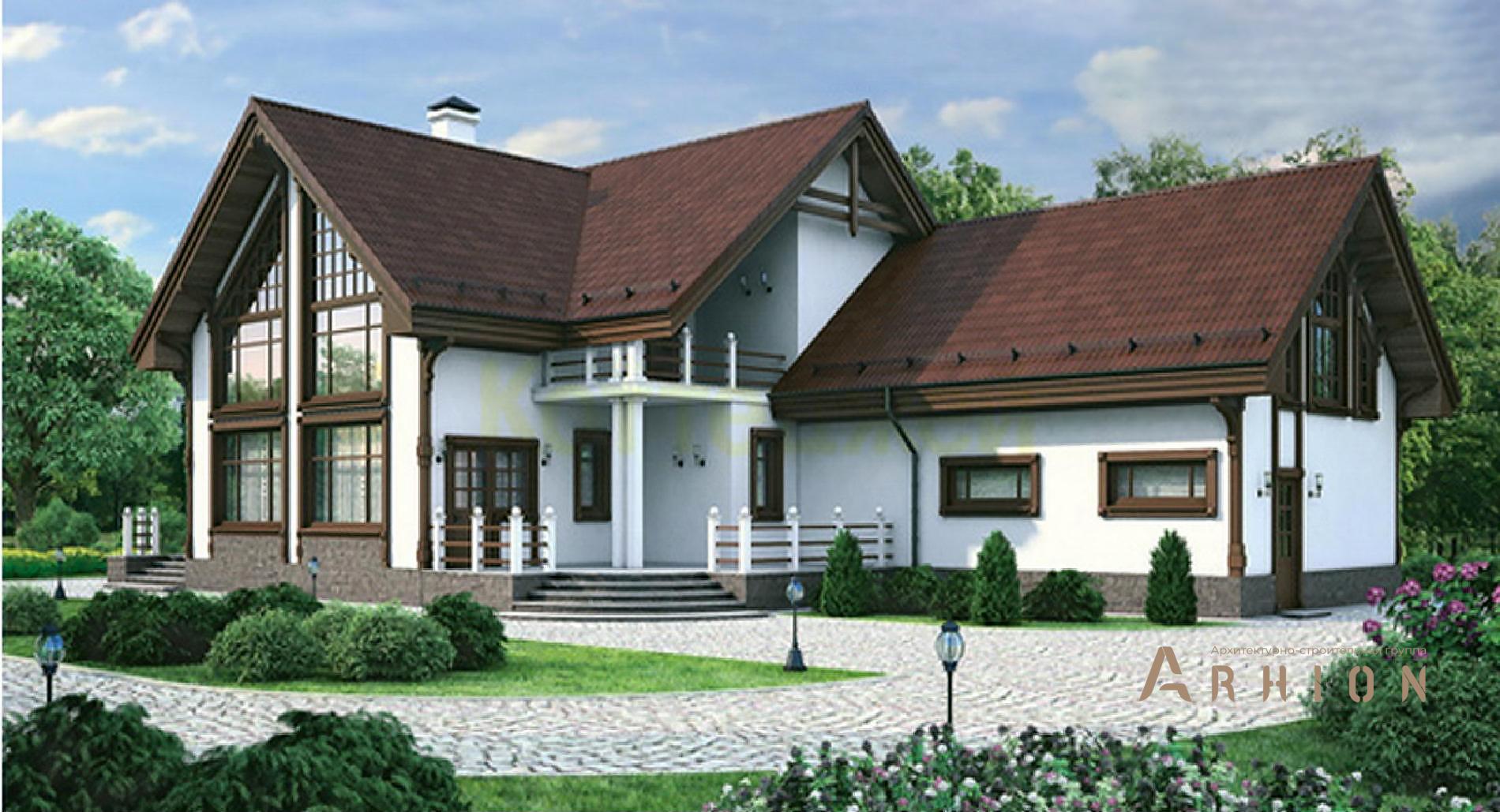 1. Проект одноэтажного дома в немецком стиле с двускатной кровлей, 54-62, площадью - 353 кв c мансардой, терассой, балконом, гаражом