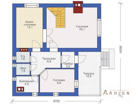 2. Проект двухэтажного дома в европейском стиле с плоской кровлей , 54-70, площадью - 123 кв c мансардой, терассой, балконом