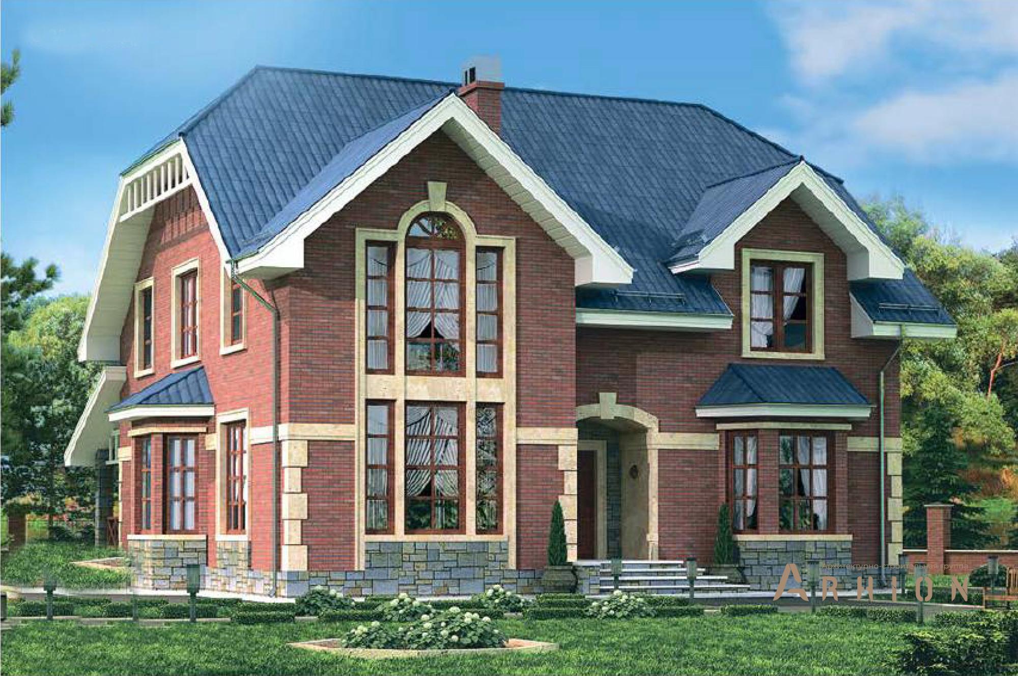 1. Проект двухэтажного дома в скандинавском стиле с многоскатной кровлей, 54-74, площадью - 208 кв c терассой