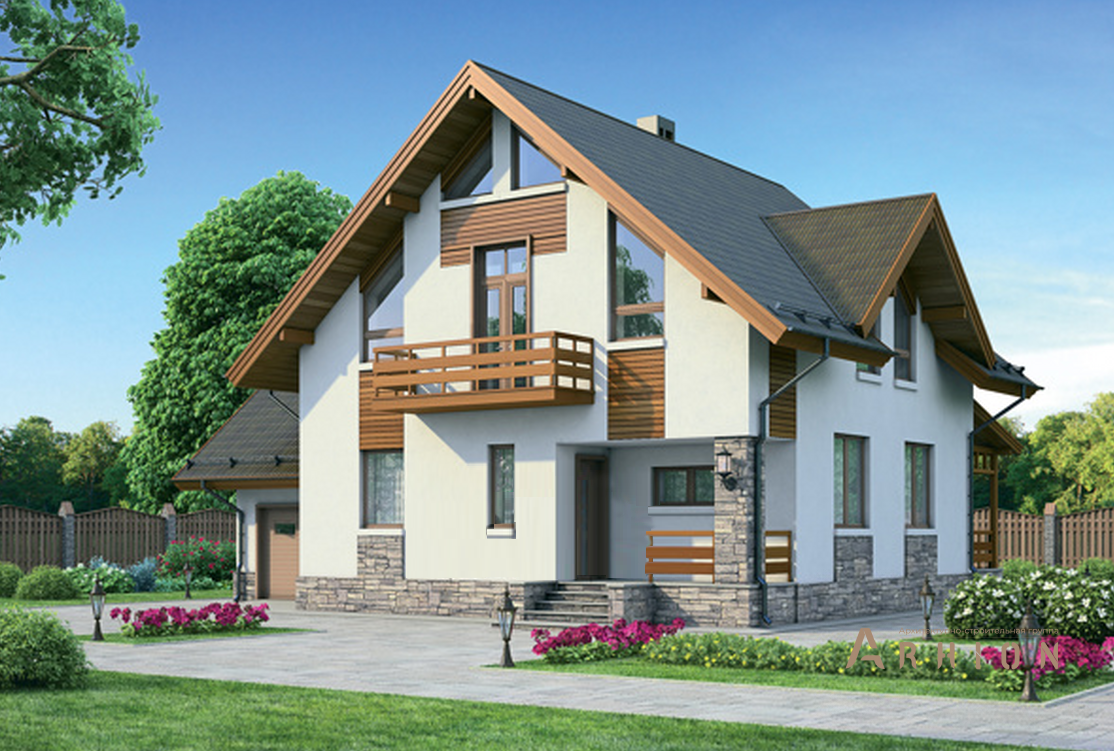 2. Проект одноэтажного дома в европейском стиле с плоской кровлей , 54-75, площадью - 192 кв c мансардой, терассой, балконом, гаражом