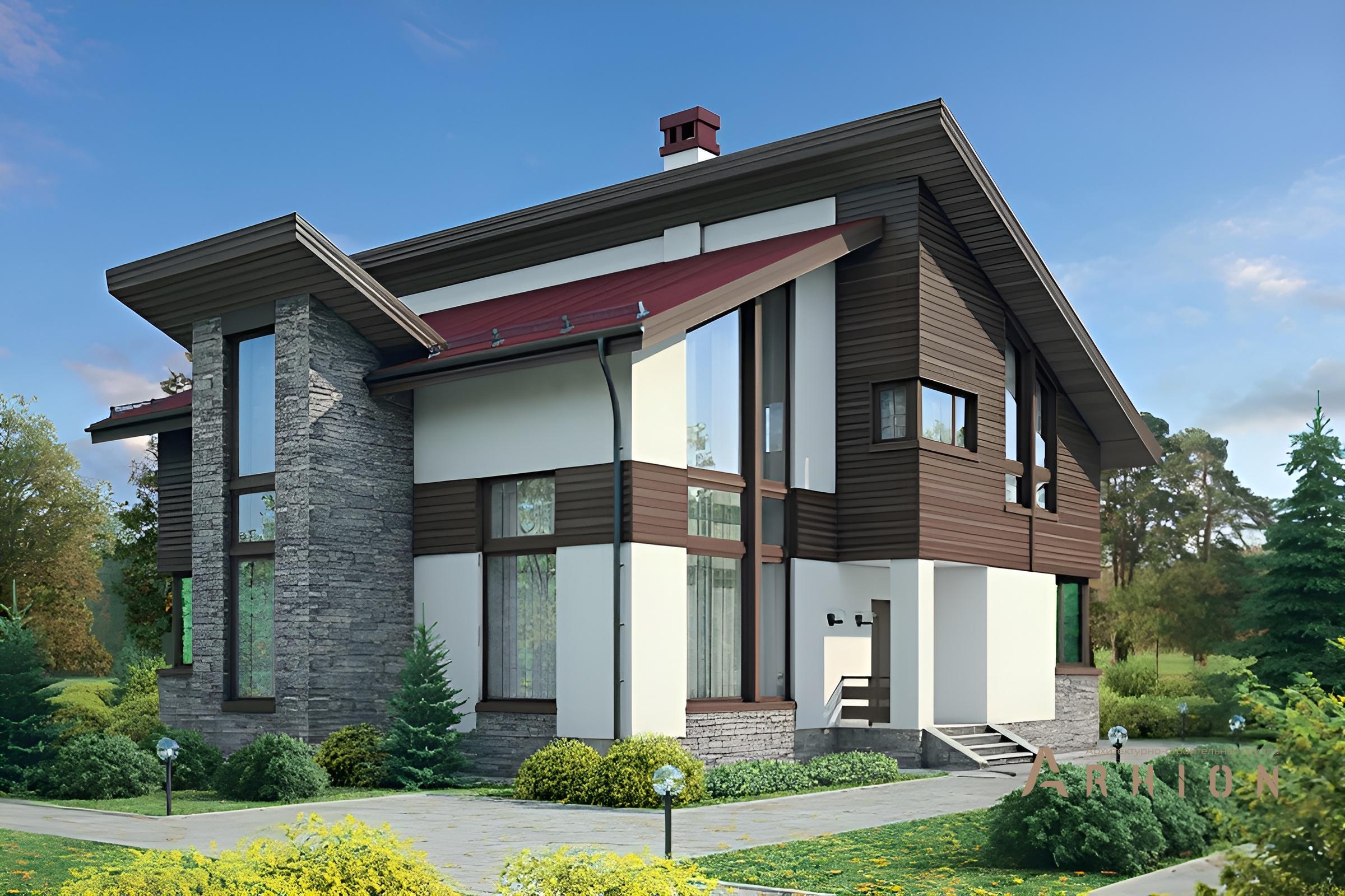 1. Проект одноэтажного дома в скандинавском стиле с односкатной кровлей, 54-79, площадью - 225 кв c мансардой, сауной