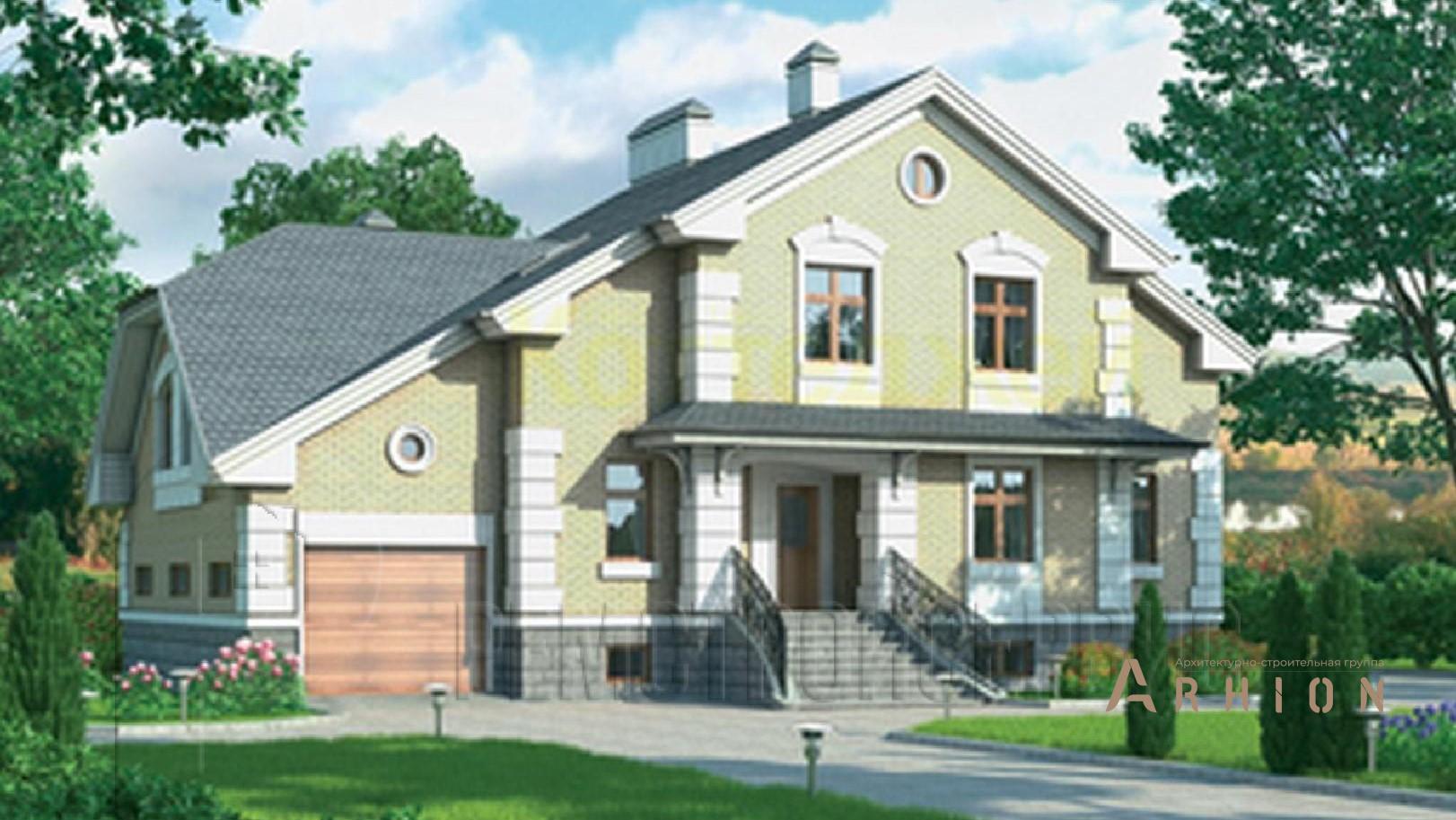 1. Проект одноэтажного дома в английском стиле с двускатной кровлей, 54-82, площадью - 373 кв c цокольным этажом, мансардой, сауной, терассой, гаражом