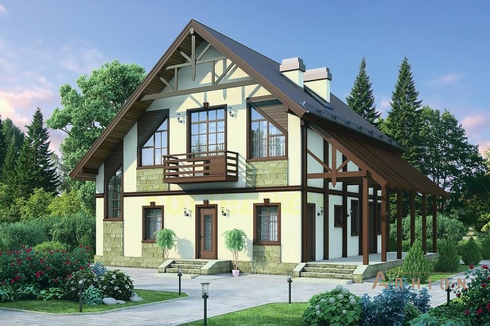 1. Проект одноэтажного дома в немецком стиле с двускатной кровлей, 54-84, площадью - 168 кв c мансардой, терассой, балконом