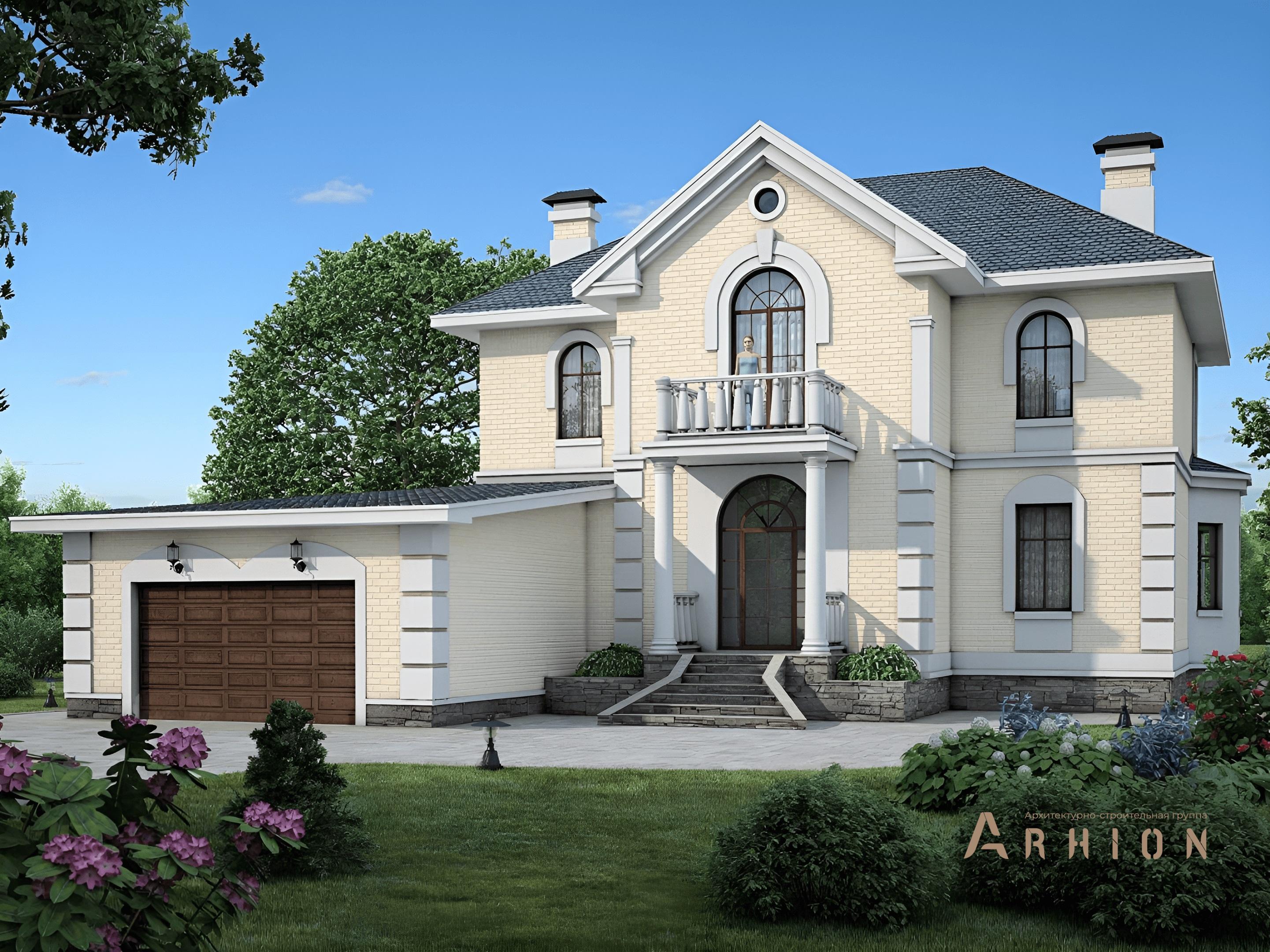 1. Проект двухэтажного дома в классическом стиле с многоскатной кровлей, 54-92, площадью - 290 кв c терассой, балконом, гаражом