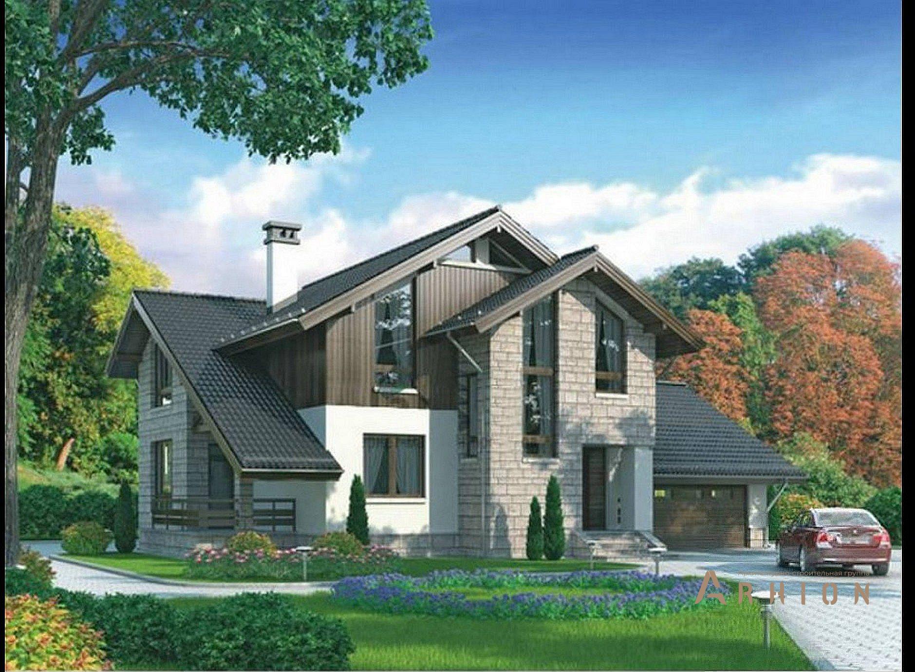 1. Проект одноэтажного дома в европейском стиле с многоскатной кровлей, 54-99, площадью - 265 кв c мансардой, терассой, гаражом