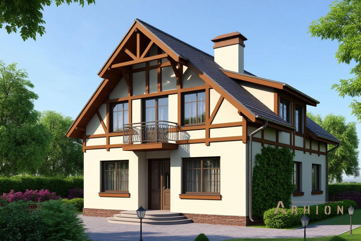 1. Проект одноэтажного дома в немецком стиле с двускатной кровлей, 55-07, площадью - 201 кв c мансардой, балконом