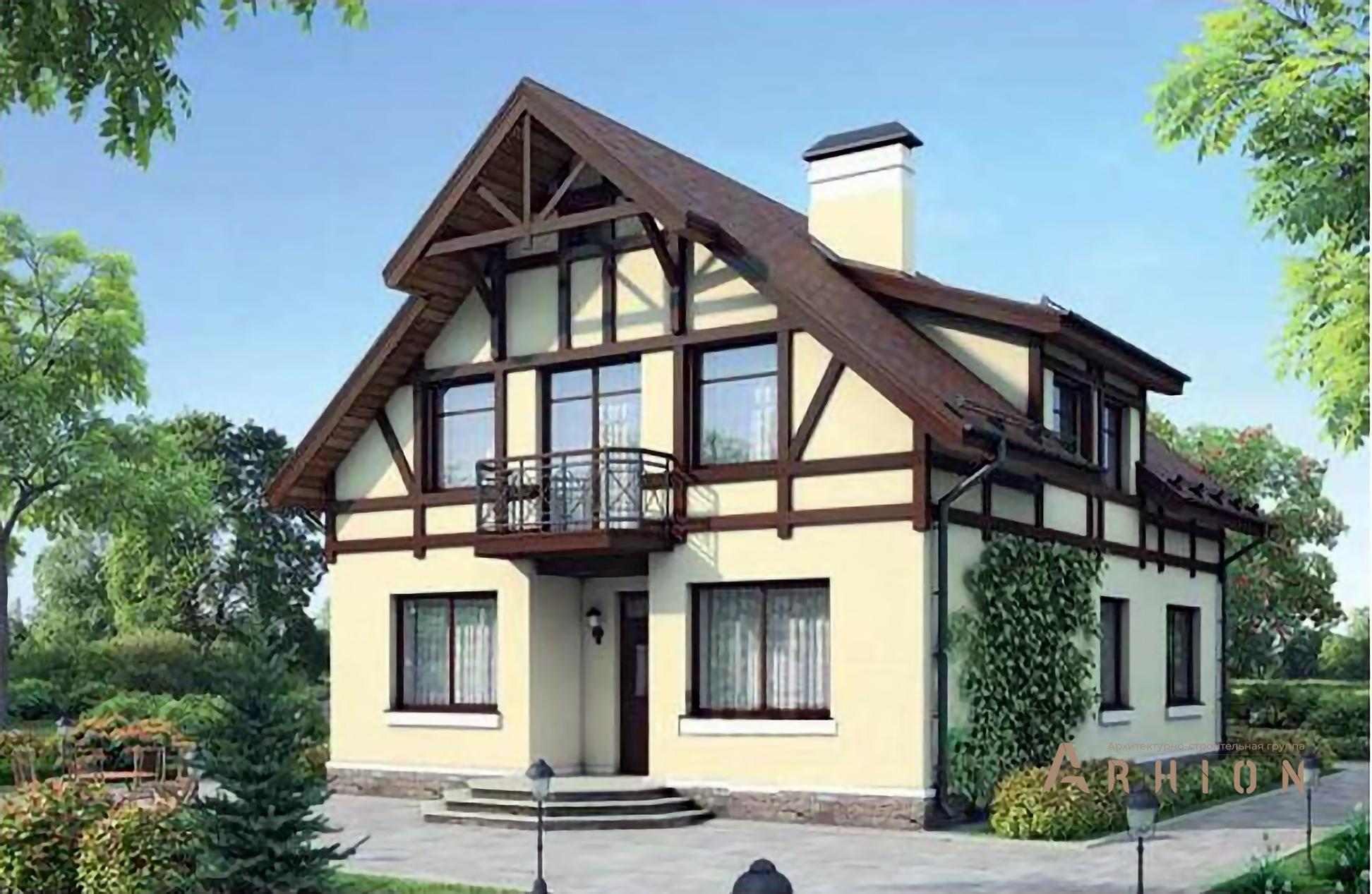 1. Проект одноэтажного дома в немецком стиле с двускатной кровлей, 55-07, площадью - 201 кв c мансардой, балконом