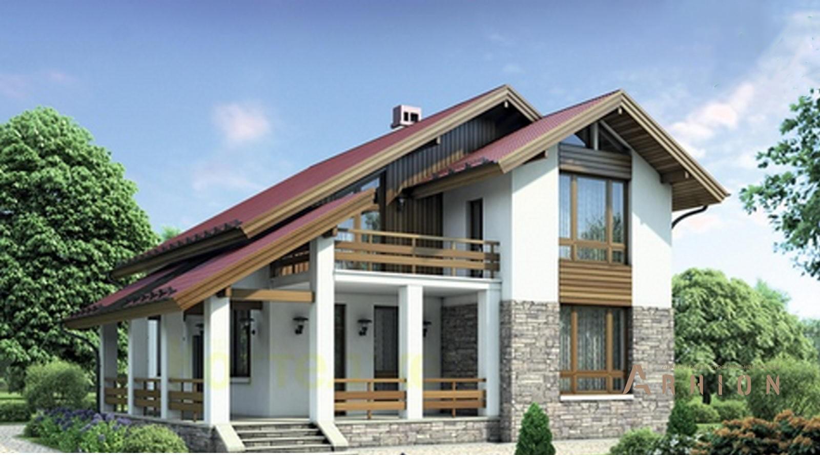 1. Проект одноэтажного дома в финском стиле с плоской кровлей , 55-12, площадью - 174 кв c мансардой, терассой, балконом