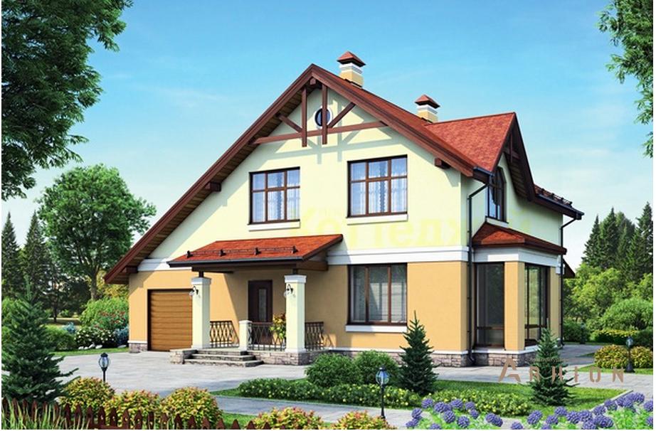 1. Проект одноэтажного дома в европейском стиле с двускатной кровлей, 55-14, площадью - 176 кв c мансардой, терассой, гаражом