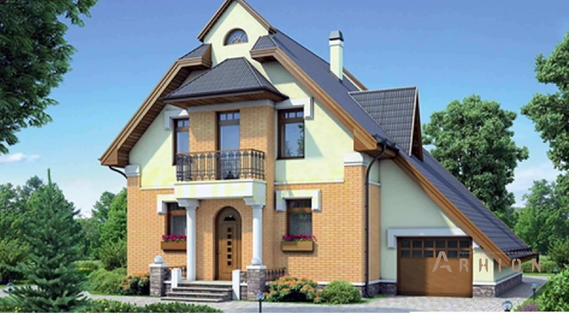 1. Проект одноэтажного дома в современном стиле с двускатной кровлей, 55-17, площадью - 158 кв c мансардой, терассой, балконом, гаражом